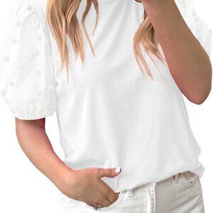 Summer Ribbed Knit Pearl Cute Tops Loose Fit Short Sleeve Crewneck Business Casu